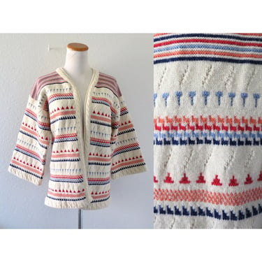 Vintage Boho Sweater - 70s Hippie Cardigan - Open Front - Thick Cozy Knit - Slouchy Oversized - Size Medium 