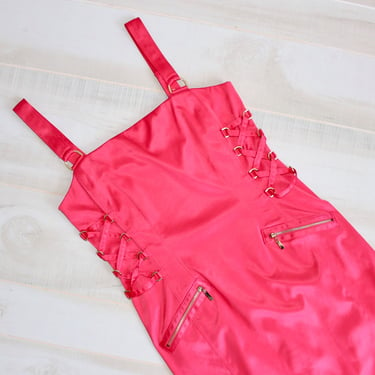 Pink Satin Party Dress, Y2K Club Dress, Bodycon, Jewel, Lace Up, Clubwear, Sexy, Night Out 
