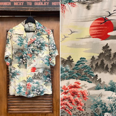Vintage 1940’s “Hawaiian Surf” Japan Asian Pattern Crepe Hawaiian Shirt, 40’s Loop Collar, Vintage Clothing 