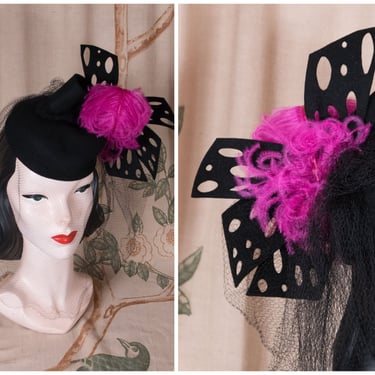 1940s Hat  - Outrageous Vintage 40s Statement Tilt Hat in Black with Eyelet Cut Bow and Magenta Ostrich Plume 