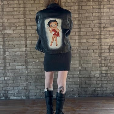 Size 46, Vintage 1990s 1980s Hand Painted Betty Boop Leather Jacket, Heine Gericke, Trucker Style 