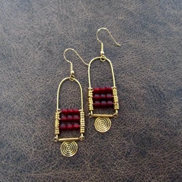 Red frosted glass and gold chandelier earrings 