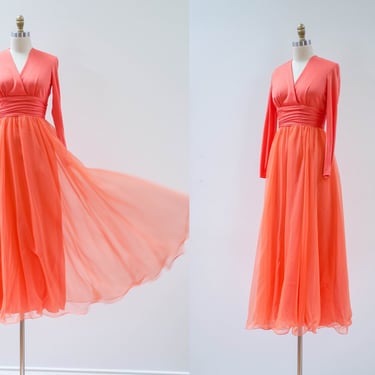 orange chiffon dress | 60s 70s vintage bright coral orange chiffon princess cottagecore full floor length party dress gown 