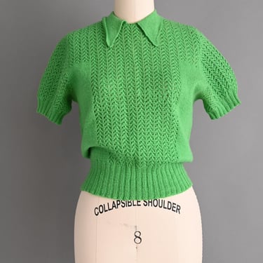 vintage 1950s Blouse | Kelly Green Knit Short Sleeve Blouse | Medium Large 