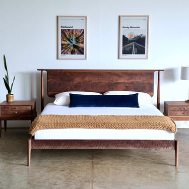 Figured Walnut Platform Bed Frame King Size Ready To Ship | In Stock King Walnut Mid Century Modern Bed 