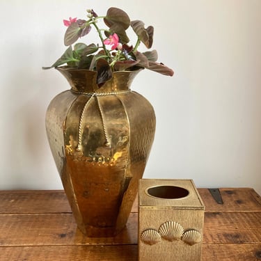 vintage brass decor hammered brass urn or brass tissue box 