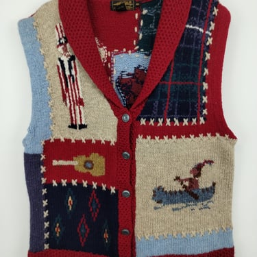 M 90s Eddie Bauer Patchwork Farm Sweater Vest Wool 1970s 1980s Medium Core Layering Cottage Grandma Teacher Picture Knit 