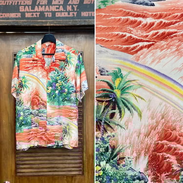 トップス 50s vintage rayon ALOHA shirt Rayon Aloha Shirt Hawaiian 40s 50s BORDER PRINT Palm Trees