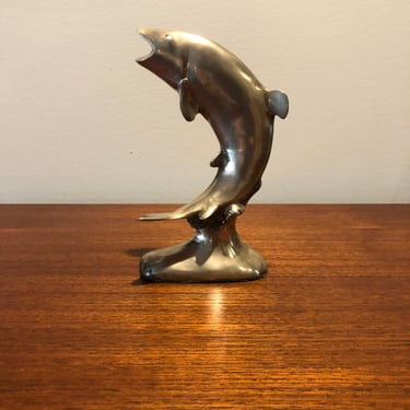 Vintage Mid-Century Solid Brass Leaping Fish Paperweight 