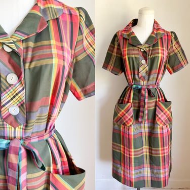 Vintage 1950s Jewel Toned Madras Shirtwaist Dress / L-XL 