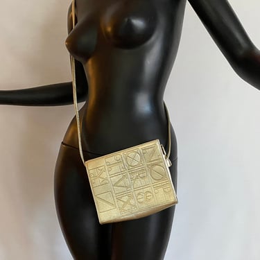 Paloma Picasso Alphabet Handbag • Metallic Gold Leather • Cross Body Mini Purse Handbag • Made in Italy • Couture Styling • Italian Designer 