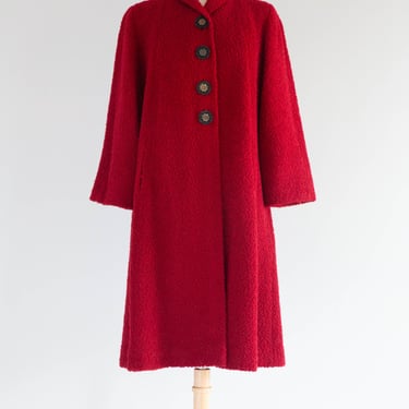 Stunning 1950's Crimson Wool Boucle Swing Coat By Dumas / Medium