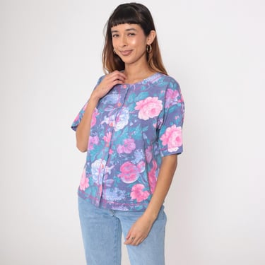 Vintage Floral Blouse 90s Purple Button Up Shirt Short Sleeve Top Retro Hot Pink Flower Print Summer 1990s Medium 
