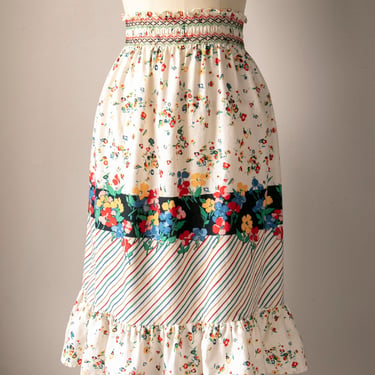 1970s Skirt Floral Cotton Smocked XS / S 