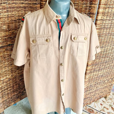 Safari Style Shirt, Epaulets, Military Buttons, Khaki Unisex, Mens Size XXL, Vintage 70s 80s 