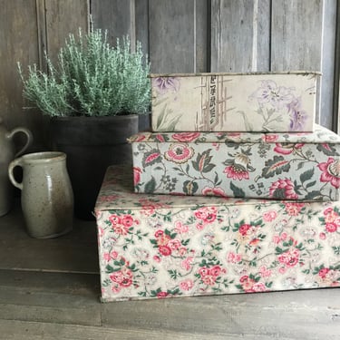 French Fabric Boudoir Box Set, Pink Floral Roses, Sewing, Keepsake, Jewelry Dresser Box, French Farmhouse 