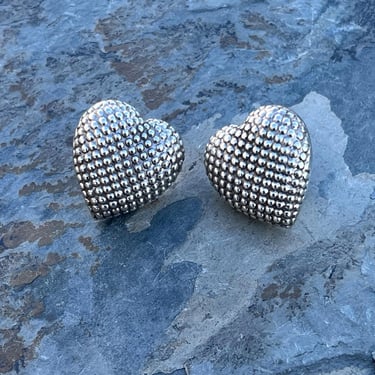 Vintage Mexico Sterling Silver Large Dot Heart Post Earrings 