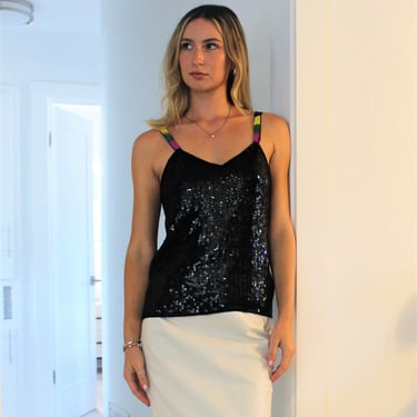 Vintage 90s Black Sequin Shell Top, Small Women, multicolor shoulder straps, Sexy Glam 