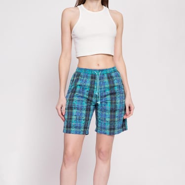 Small 80s Plaid Cotton Board Shorts Unisex | Vintage Blue Green High Waisted Retro Shorts 