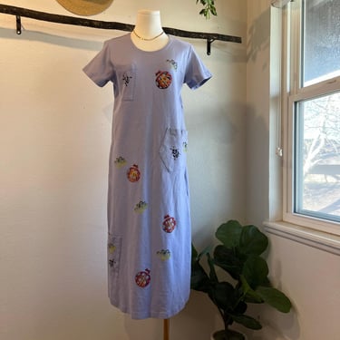 Vintage USA Focus Cotton Purple Painted Lady Bug Printed Pocket Dress Size Small 