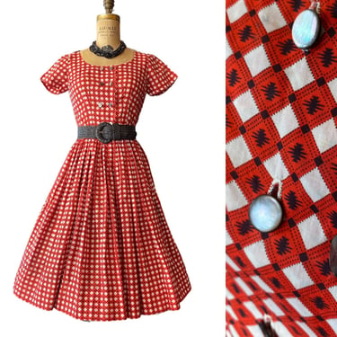 1950s fit and flare dress, vtg 50s red and white cotton full skirt dress, size x small, harlequin novelty print , 25 waist, maisel 