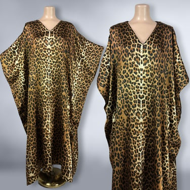 VINTAGE 80s Leopard Satin Kaftan Gown By Winlar OSFM | 1980s Plus Size Caftan Hostess Lounge Dress | VFG 