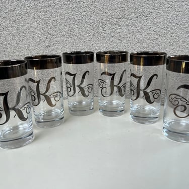 Vintage MCM Dorothy C. Thorpe classic barware tall tumbler glasses trimmed in silver mercury monogrammed letter K set 6 
