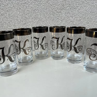 Vintage MCM Dorothy C. Thorpe classic barware tall tumbler glasses trimmed in silver mercury monogrammed letter K set 6 