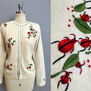 1960s Embroidered Sweater / 1960s Marshall Fields Ladybug Cardigan / Angora and Wool Cardigan / Ivory Sweater /Size Large 