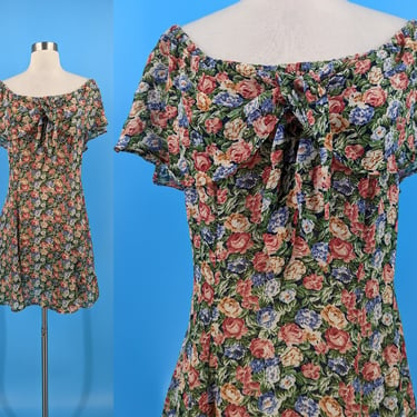 Vintage 90s Dawn Joy Floral Rose Print Off the Shoulder Mini Dress with Ruffle Tie Front Collar - Medium 