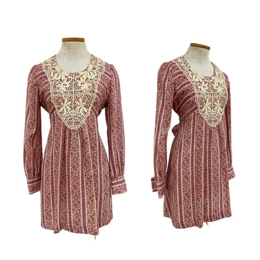 Vtg Vintage 1970s 70s Designer California Ceci Crochet Psych Ultra Mini Dress 