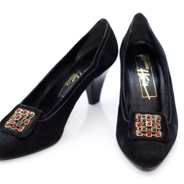 Vintage Jeweled Black Suede Pumps Shoes | Size 7 1/2 