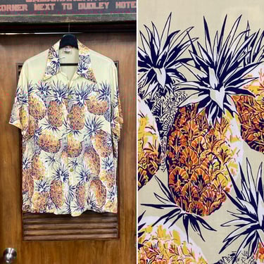 Vintage 1940’s “Catalina” Atomic Pineapple Border Rayon Tiki Hawaiian Shirt, 1940’s Shirt, Original, Size L, 40’s Vintage Clothing 