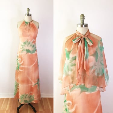 SIZE XS / XXS Vintage 1970s Peach Chiffon Floral Maxi Dress - 70s Sheer Capelet Shawl Long Dress Orange Teal 