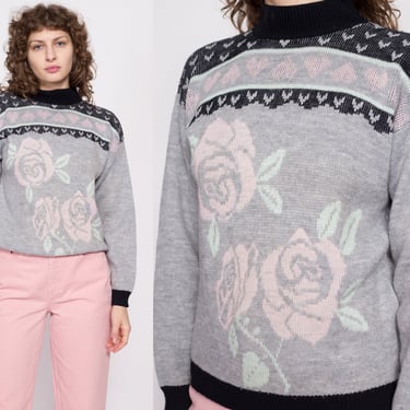 80s Diane Von Furstenberg Fair Isle Knit Sweater - Medium | Vintage Grey Black Pink Heart Rose Floral Pullover Jumper 