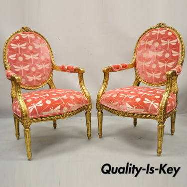 Vintage French Louis XVI Style Gold Giltwood Pink Arm Chairs - a Pair