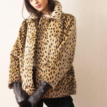 1960s Leopard Print Faux Fur Jacket with Brass Clip Closures 