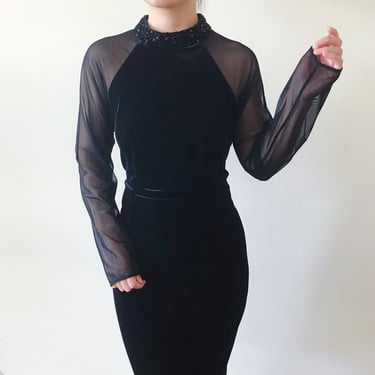 vintage dress little black dress velvet dress lace dress midi dress formal dress cocktail dress evening gown mesh dress beaded size M/L 