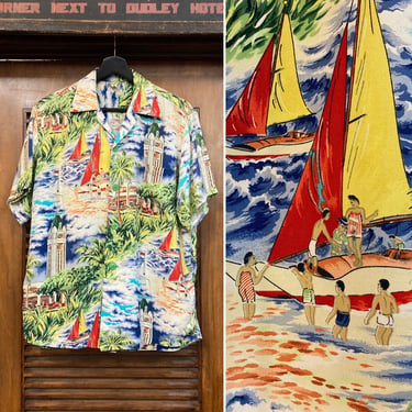 Vintage 1950’s “Hale Hawaii” Label Aloha Tower Natives Crepe Hawaiian Shirt, 50’s Hawaiian Shirt, 50’s Crepe Shirt, Vintage Clothing 