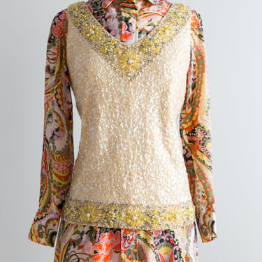 1960's Lemon &amp; Pearl Beaded Knit Daisy Top / Medium