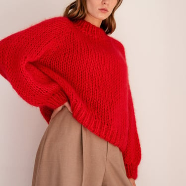 Relaxed Mohair Sweater in Lava, Hand Knit Pullover, Chunky Mohair Jumper, Oversized Knitted Sweater in Kid Mohair, Red Mockneck, Loose Fit 