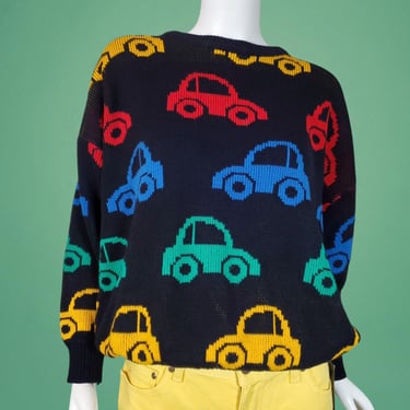 Vintage novelty sweater 1970s 80s colorblock pullover boxy oversized cars buggy bug Volkswagen beetle cute whimsical graphics (M) 