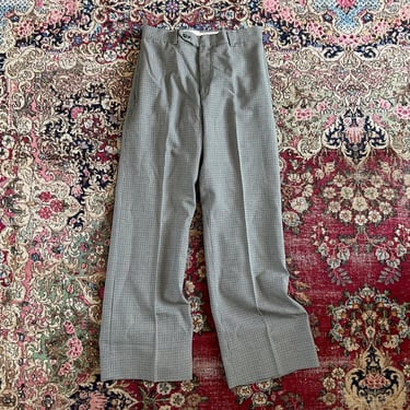 Vintage ‘70s woolen houndstooth trousers, forest green & olive check, @ 30W x 30.5”L 