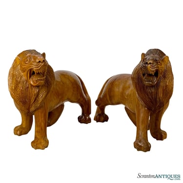 Vintage Large Mahogany African Lion Carved Sculpture Statue - A Pair