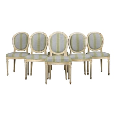 French Louis XVI Style Painted Dining Chairs W/ Striped Green and Blue Linen - Set of 6 