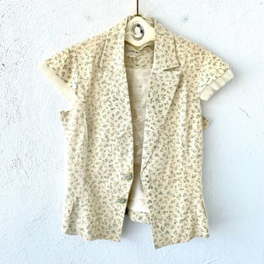 Vintage Y2K Romantic Lacey Floral Jacket White Capped Sleeve Vest Top Shirt 