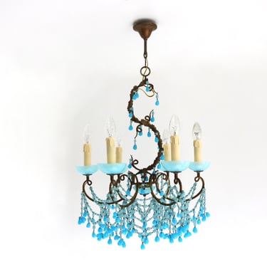 Antique French Murano Blue Beads Swags Opaline Beaded Candelier Macaroni Beads Chandelier Hanging Pendant Light Small Stones ca. 1920 