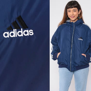 Reversible Adidas Hoodie Jacket 90s Zip Up Hooded Windbreaker Navy Blue Grey Jacket Striped Retro Sporty Zip Up Hood Vintage 1990s Medium 