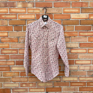 vintage 70s pink floral levis button snap western shirt / s small 