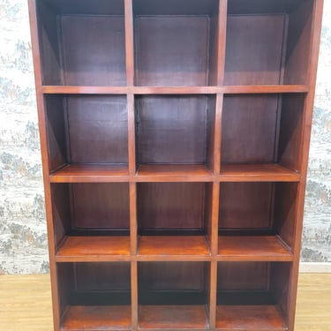 Vintage Chinese Red Lacquered Elmwood Cube Bookcase